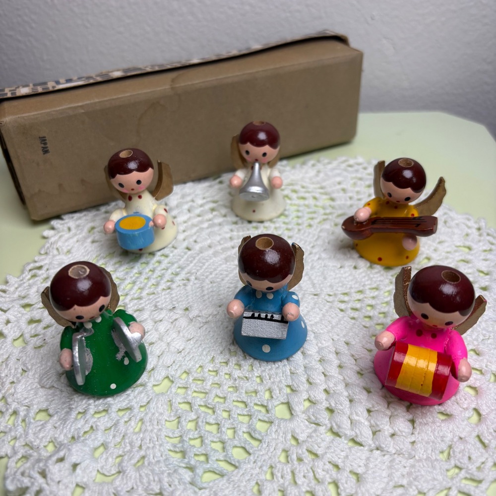 Vintage Multi Color Angel Band Figurines Wood Mini Candle Holder Mid Century